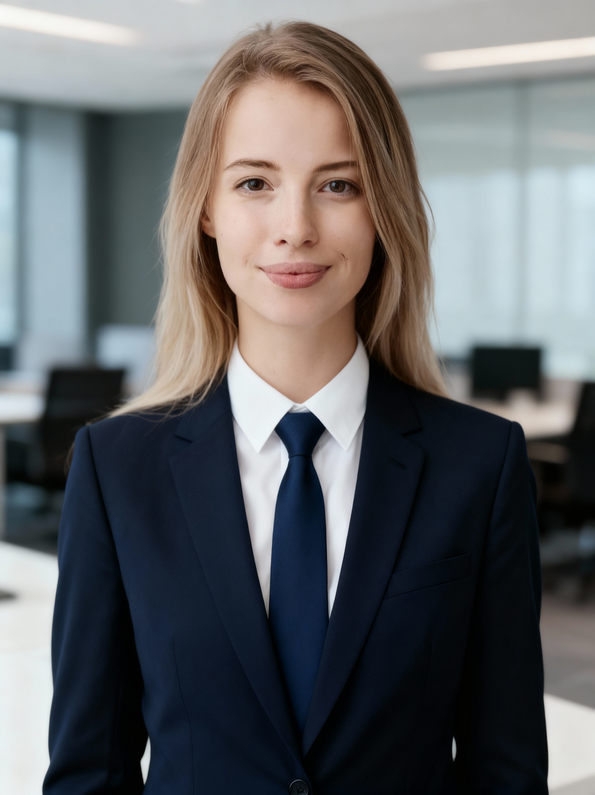 Instant headshot example wearing a navy suit in an office background